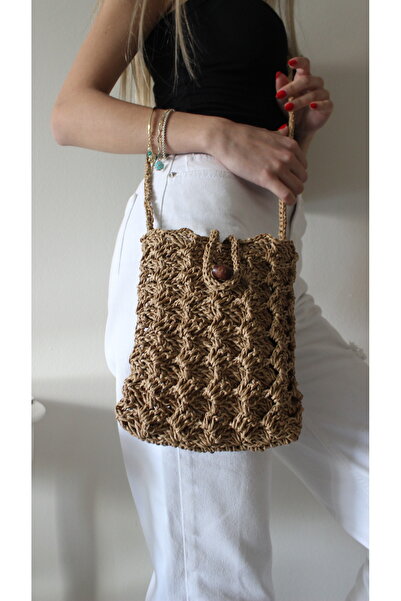 GAKCIN Hasır, Desenli, Kağıt İp, Çapraz Askılı, Şık Kadın Çantası