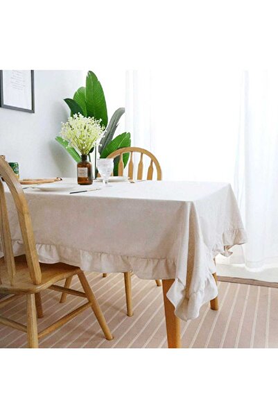 HOME ART ATELIER hand made Fırfırlı Naturel Vintage Masa Örtüsü - Soft Keten Seri Masa Örtüsü- Çeyizlik