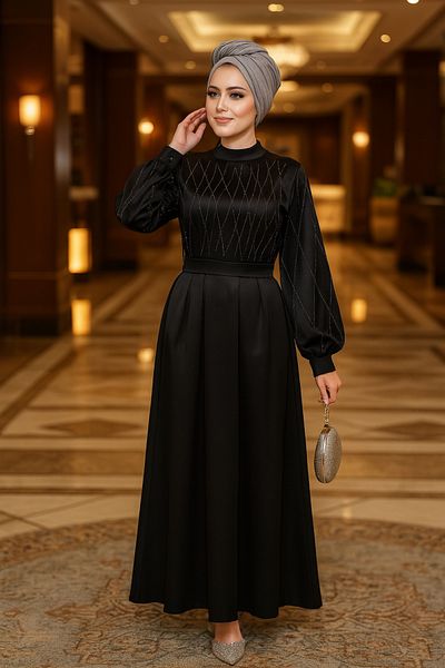Neva Style Black Hijab Satin Dress with Beading Detail 65880S