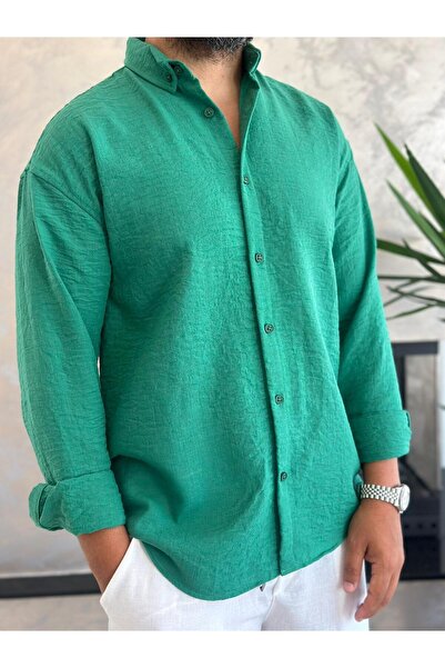ECARTS Erkek Oversize Kesim Keten Gömlek Yeşil Eca007