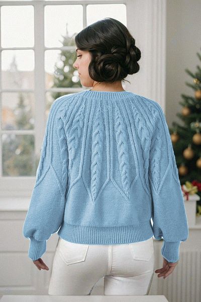 hanope Mânecă cu balon Gâtul turn Chic Tricotat Baby Blue Tricot Pulover tricotat