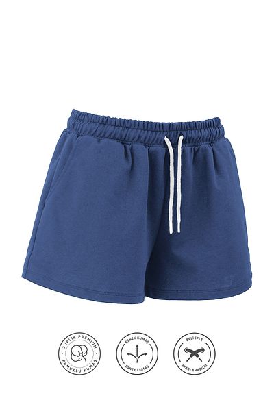 Elemge Pantaloni scurți din bumbac indigo pentru femei, cu șnur în talie, zilnic, de bază, cu buzunar, talie normală, confortabil, elastic, 2 fire