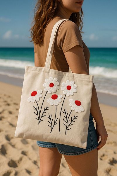 Mustgross Beach & Daily Use Punch Κεντημένη λινό τσάντα με φερμουάρ 1 τεμάχιο 42X34cm κρεμάστρα 26cm