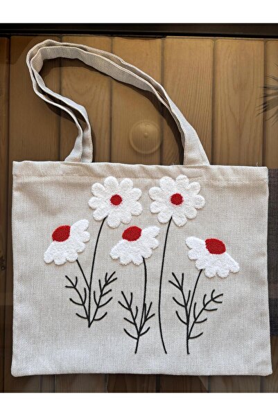 Mustgross Beach & Daily Use Punch Κεντημένη λινό τσάντα με φερμουάρ 1 τεμάχιο 42X34cm κρεμάστρα 26cm
