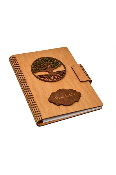 Piksel Personalized A5 wooden diary, nature, Piksel, Tree of Life, 100 pages and wooden pen included