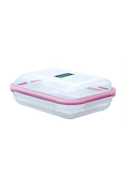 Glasslock Rectangular Plus Glass Storage Container 900 ml - Pink Lid Lockable and Suitable for Microwave