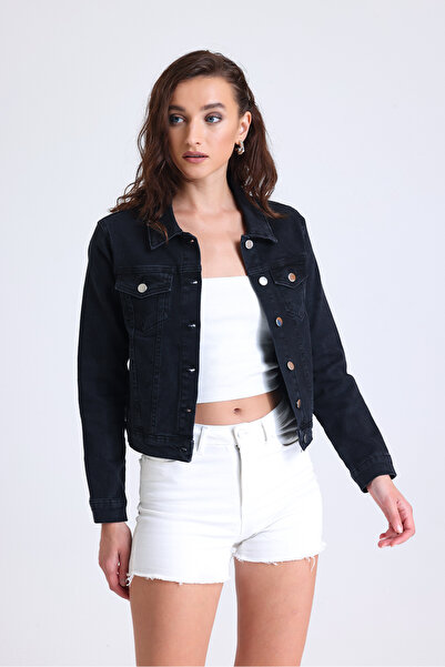 hanope Kadın Siyah Kısa Likralı Denim Ceket