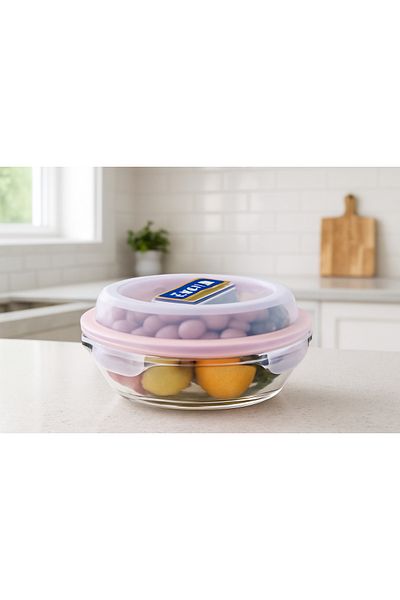 Glasslock Round Plus Glass Storage Container 350 ml - Pink Lid Lockable and Suitable for Microwave
