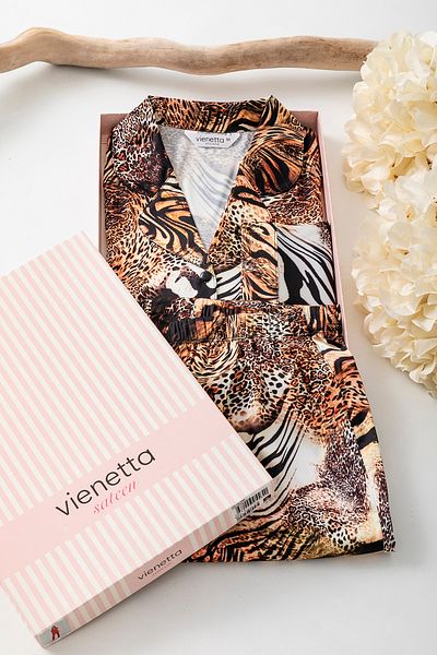 nisaNCa Luxury Boxed Leopard Satin Pajamas Set – Lace Sleeves, Long Sleeves, Silk Texture, Dowry Gift