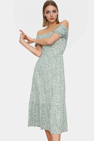 PayBuy Floral Knitted Midi Dress Women's Summer Short Sleeve Carmen Collar Casual High Quality Modern Style