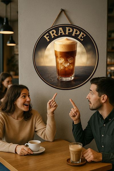 Nod Frappe Themed Round Cafe Sign – Jute Drawstring Wooden Wall & Door Decor |   Barista Style Retro Ornament