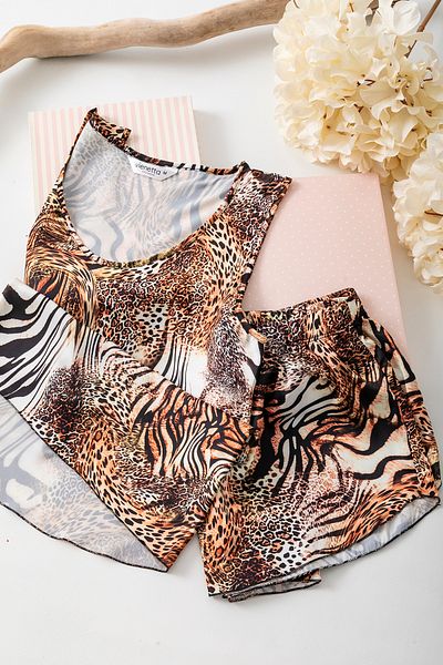 nisaNCa Luxury Satin Shorts Suit – Suspender, Lace Detail or Leopard Print, Boxed Summer Home Wear