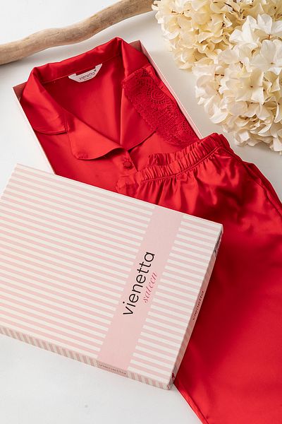 nisaNCa Set pijamale pentru femei din satin premium – pijamale din satin roșu, detaliu din dantelă, cutie cadou