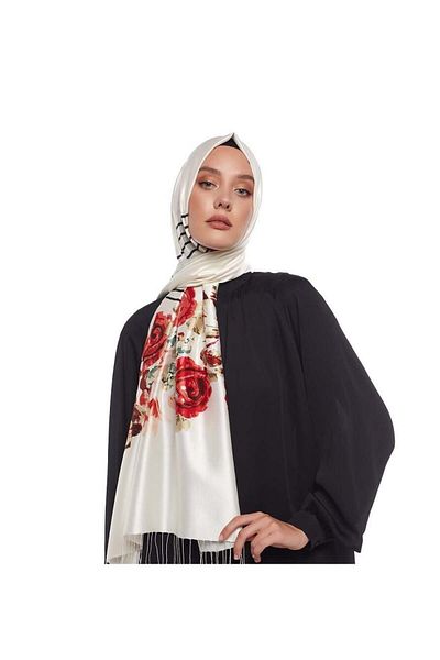 ipekevi Patterned Silk Shawl Rose Basket - White