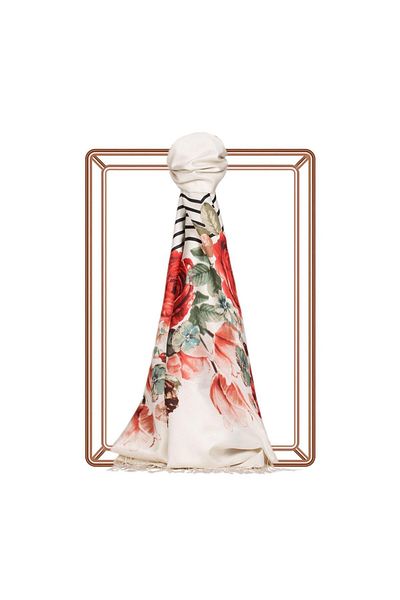ipekevi Patterned Silk Shawl Rose Basket - White