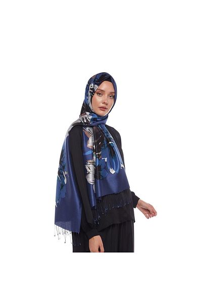 ipekevi Şal de mătase cu model - Model de trezire - Bleumarin