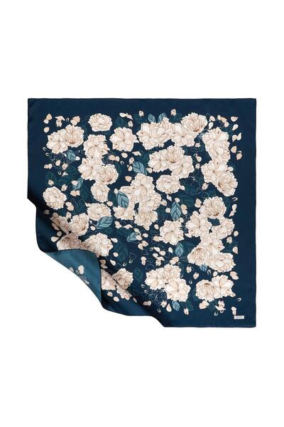 ipekevi Eșarfă din mătase twill - Motiv Sakura - Albastru petrol