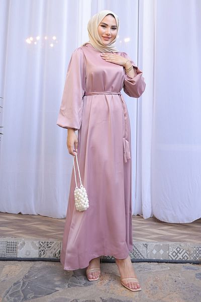 İmajButik Βραδινό φόρεμα με σατέν μανίκι με γιακά Dusty Rose