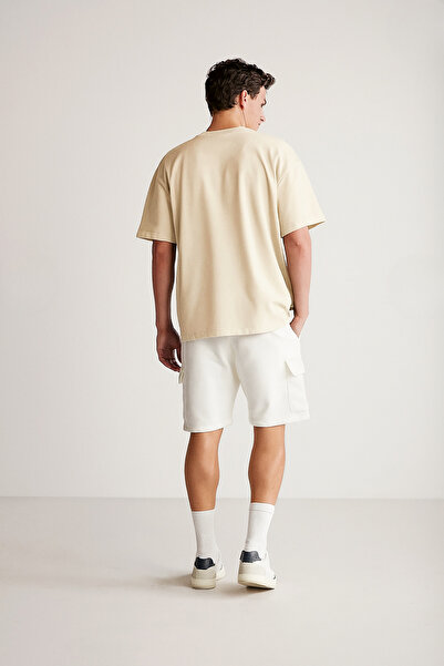 GUARAZ Erkek Krem Oversize Bisiklet Yaka %100 Organik Pamuk Düz Basic Yazlık T-shirt