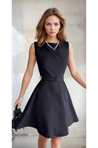 OLSAMODA Women's Atlas Fabric Belt and Pocketed Flare Dress