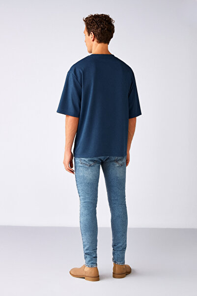 GUARAZ Чоловічий темно-синій оверсайз футболка з велосипедним коміром, 100% органічна бавовна, проста літня футболка