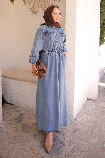 İmajButik Μπλε τζιν φόρεμα - με κουμπιά γιακά και ελαστική μέση