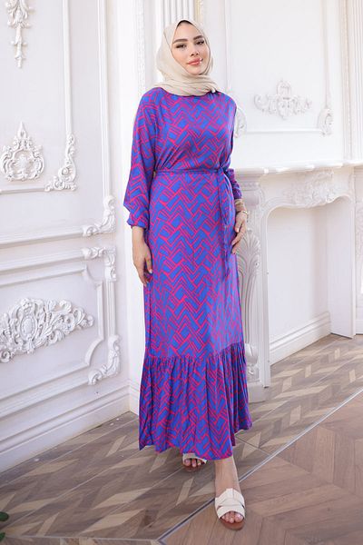 İmajButik Saks Blue Print Skirt Layered Viscon Dress