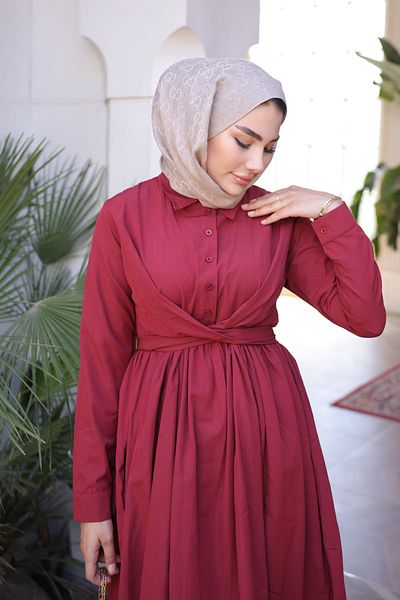 İmajButik Φόρεμα με μπορντό ζώνη μέσης