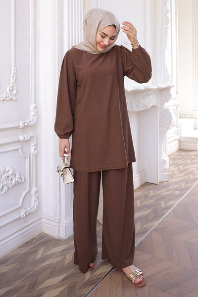 İmajButik Кафяв креп туника с панталон