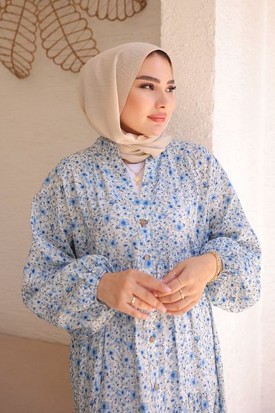 İmajButik Blue Half Button Skirt Layered Dress