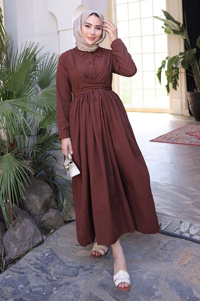 İmajButik Φόρεμα με καφέ ζώνη μέσης
