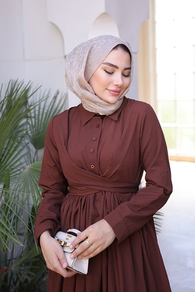 İmajButik Φόρεμα με καφέ ζώνη μέσης