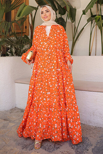 İmajButik Orange Half Button Skirt Layered Dress