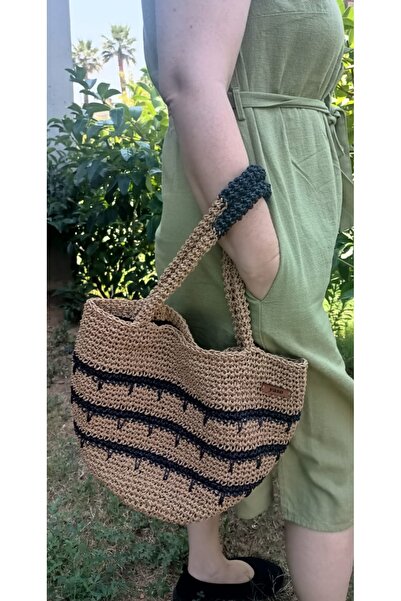 yaso shop Çizgili El Örgüsü Hasır Kağıt Ip Sepet Çanta Kahverengi Siyah Plaj Çantası