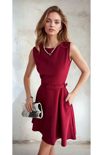 OLSAMODA Women's Atlas Fabric Belt and Pocketed Flare Dress