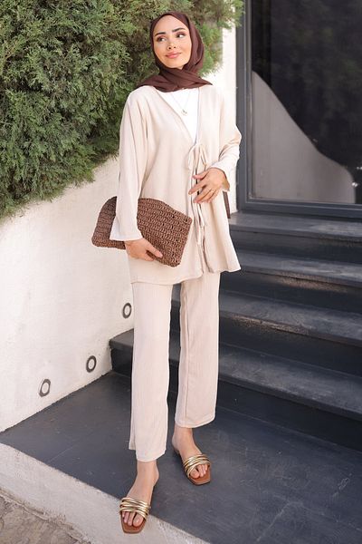 İmajButik Set pantaloni kimono cu legături în față Stone
