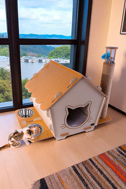 Patihomes 3'ü 1 Arada Kedi Tırmalama Evi - Kedi Mama Su Kaplı
