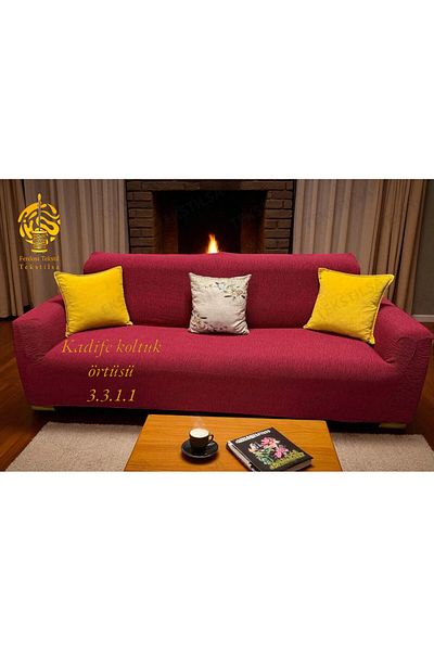 Tekstilsa Jacquard 3 3 1 1 Stone-Gray Elastic Sofa Cover |   Elastic Seat Cover |   Armchair Cover Set Claret Red