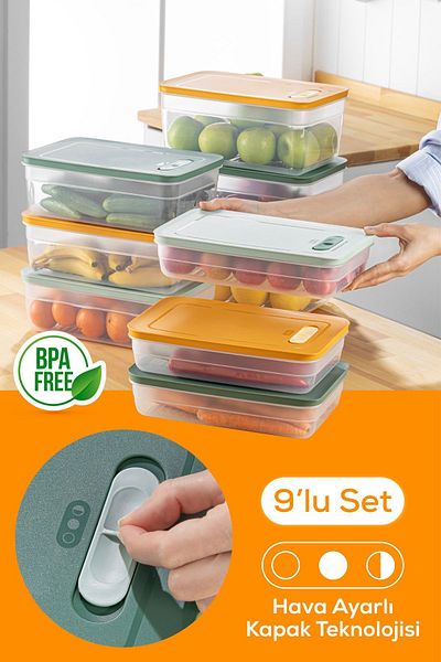 Vienev Set of 9 Adjustable Vegetable and Fruit Storage Containers Colorful 3X (2.5-3.8-5 Liters)