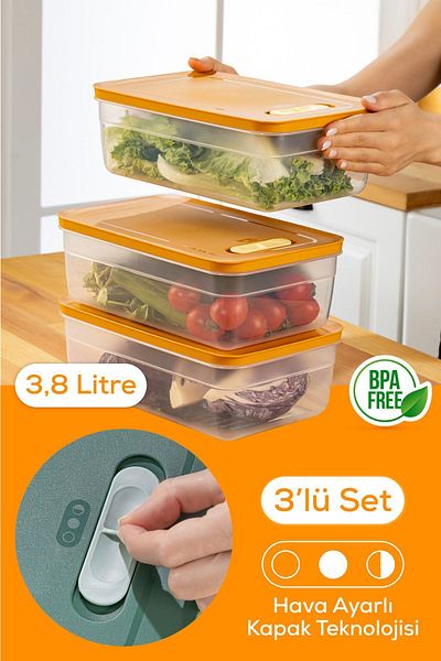 Vienev Orange 3.8 Liter 3-Piece Adjustable Vegetable and Fruit Storage Container