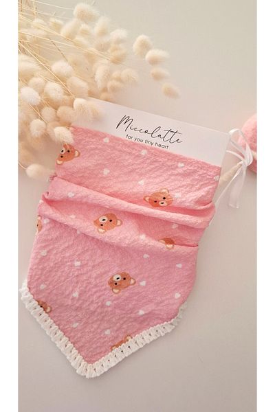 Miccolatte Baby Girl Seersucker Fabric Teddy Bear Patterned Triangle Tip Tassel Bandana