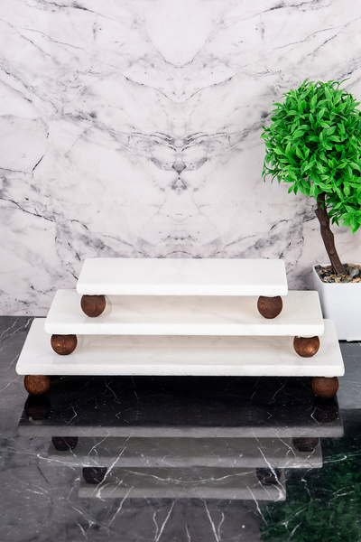 DNS HOME 3-Piece Luxury Marble Presentation Stand Natural Wooden Ball Footed Decorative 3 Size Marble Stand Tray