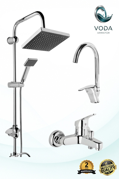 VODA Lüx Krom 3'lü Banyo Musluk Seti Robot Yağmurlama Tepe Duş Seti, Banyo Ba...