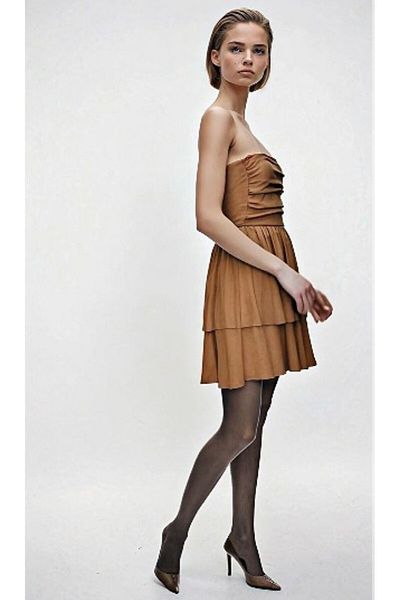 OLSAMODA Women's Textured Fabric Skirt Double Layer Drape Detail Strapless Dress