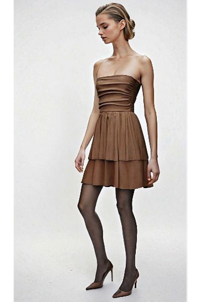 OLSAMODA Women's Textured Fabric Skirt Double Layer Drape Detail Strapless Dress