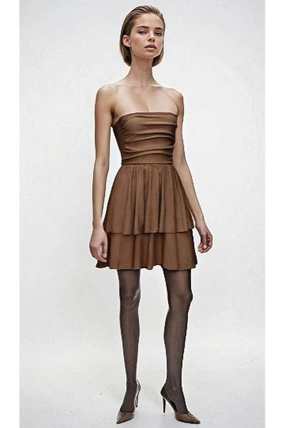 OLSAMODA Women's Textured Fabric Skirt Double Layer Drape Detail Strapless Dress