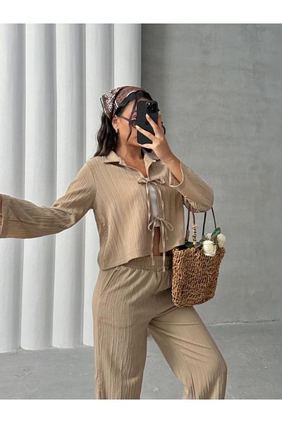 New Lune Women's Clothing Beige Front Tie Muslin Set, Bottom Top Set