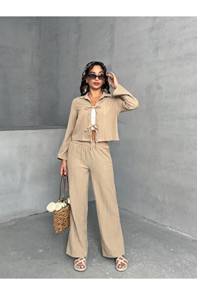 New Lune Women's Clothing Beige Front Tie Muslin Set, Bottom Top Set