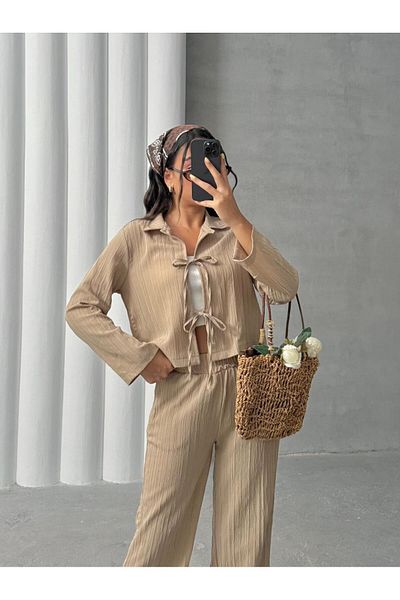 New Lune Women's Clothing Beige Front Tie Muslin Set, Bottom Top Set
