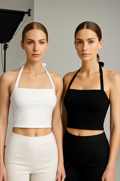 Olyssia Γυναικείο Crop Top 2 τεμαχίων Ασπρόμαυρο / Λουράκι με λαιμόκοψη - Μπλούζα στράπλες που εφαρμόζει στο σώμα